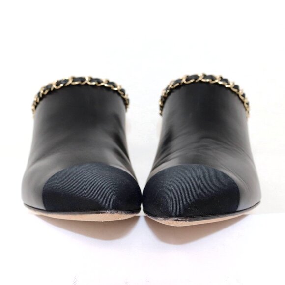 Chanel 38.5 2 Tone Leather Grosgrain Leather Mule Chain CC Detail Heel Boots - Picture 12 of 14